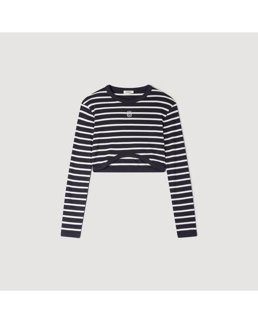 Sandro Blue Cropped Striped Cotton T-Shirt