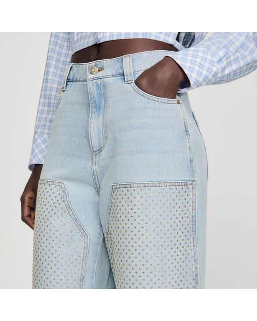 Sandro Blue Faded Straight Rhinestone Jeans