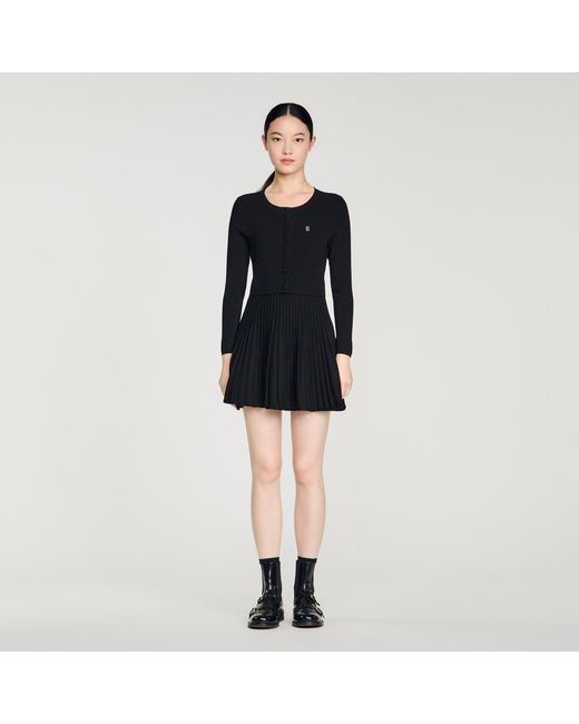 Sandro Black Pleated Knit Short Dress