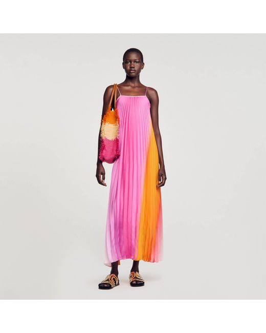 Sandro Pink Sunray-Pleated Maxi Dress