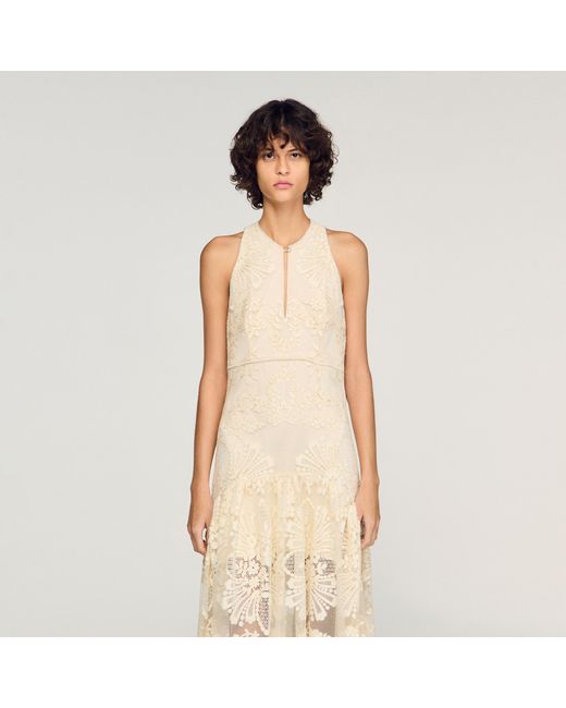 Sandro Natural Floral Cotton Guipure Maxi Dress
