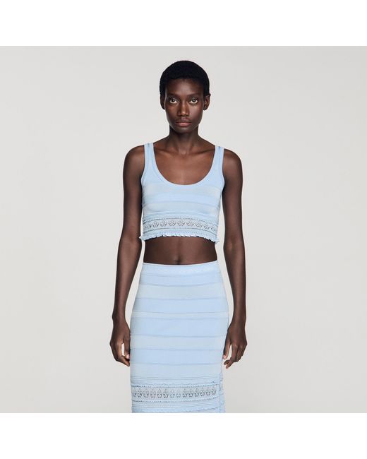 Sandro Blue Pointelle Knit Crop Top
