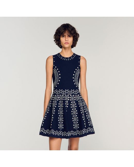 Sandro Blue Scarf-Print Knit Short Dress
