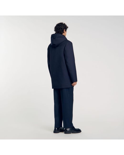 Sandro Blue Navy Technical Quilted Hooded Zip Parka for men