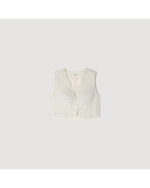 Sandro Natural Striped Rhinestone Crop Top