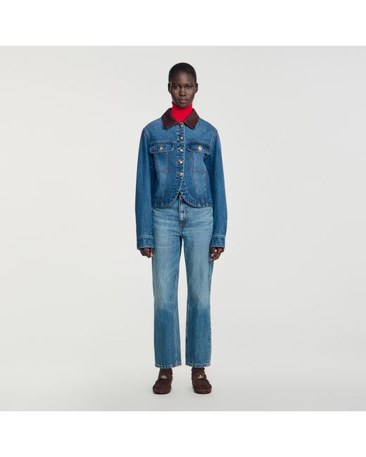 Sandro Blue Denim Jacket With Leather Collar