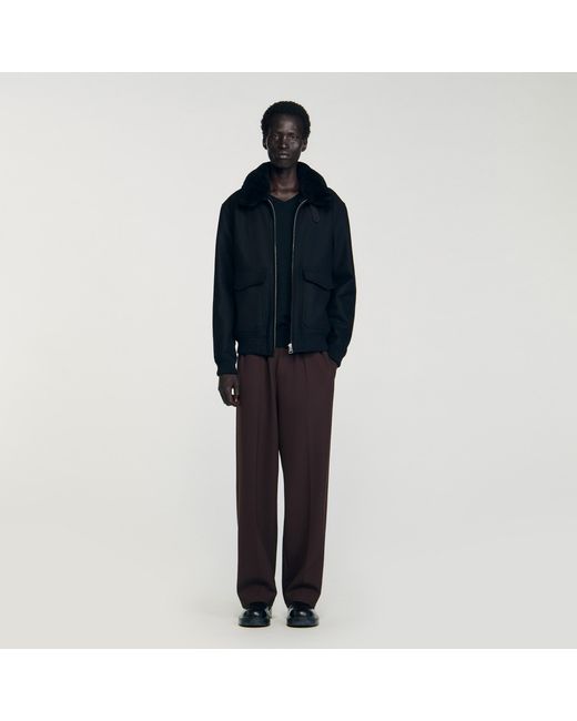 Sandro Blue Wool Aviator Jacket With Shearling for men