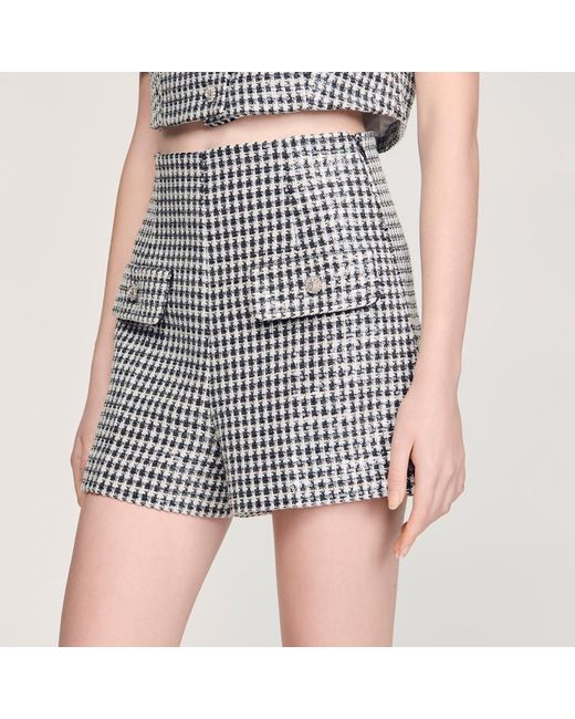 Sandro Black Sequin Houndstooth Tweed Shorts