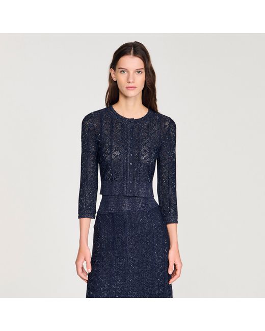 Sandro Blue Strass Knit Cropped Cardigan