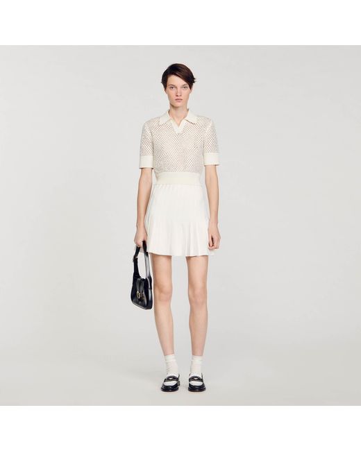 Sandro White Cropped Knit Polo Jumper