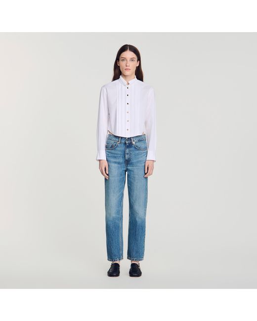 Sandro Blue Pleated Shirt With Origami Collar