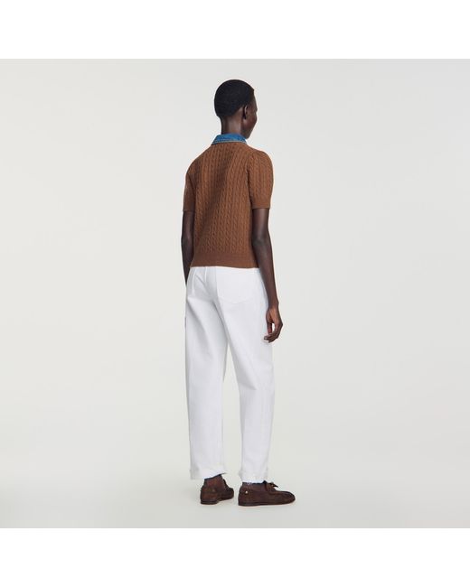 Sandro White Cardigan With Denim Collar