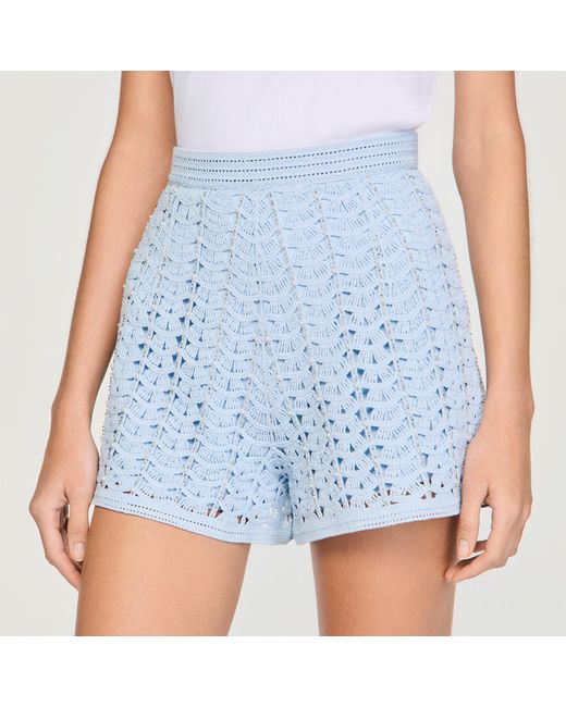 Sandro Blue High-Waisted Beaded Crochet Shorts