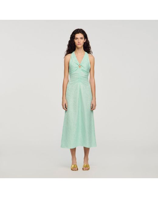 Sandro Green Floral Print V-Neck Maxi Dress