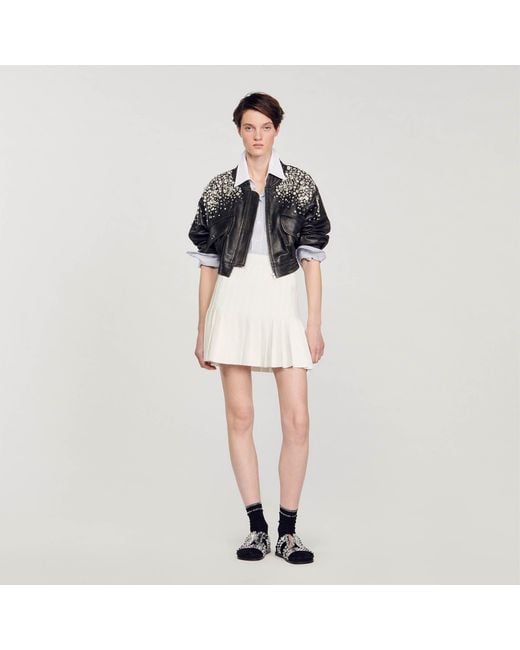Sandro Black Crystal-Studded Leather Jacket
