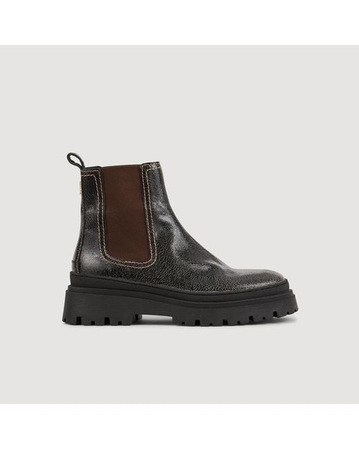 Sandro Black Crackled Leather Chelsea Boots