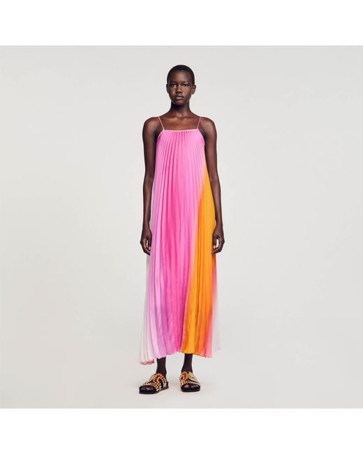 Sandro Pink Sunray-Pleated Maxi Dress