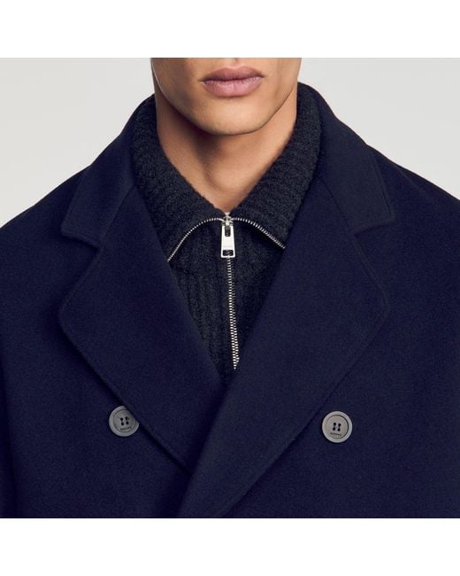 Sandro Blue Double-Breasted Wool-Cashmere Coat for men