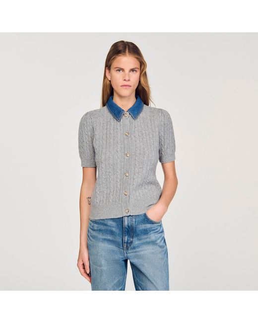 Sandro Blue Cardigan With Denim Collar