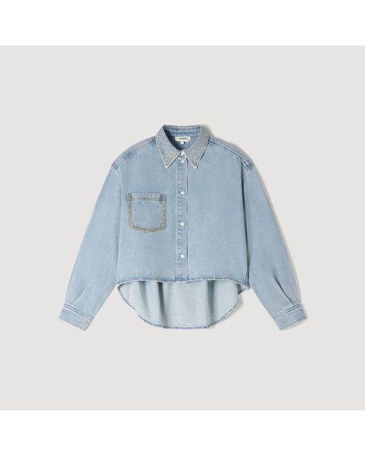 Sandro Blue Rhinestone Cropped Denim Shirt