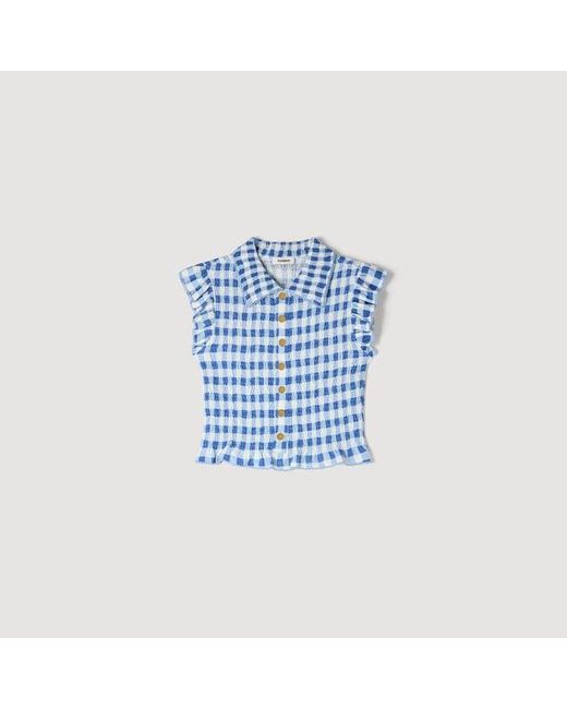 Sandro Blue Check Smocked T-Shirt