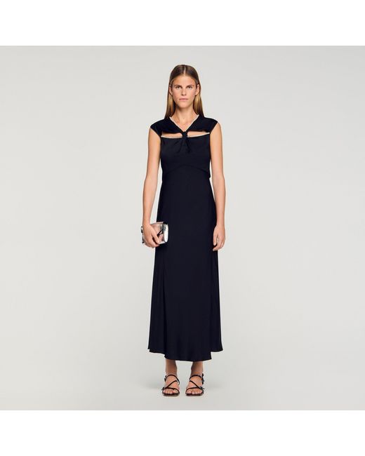 Sandro Black Satin Maxi Dress With Rhinestones