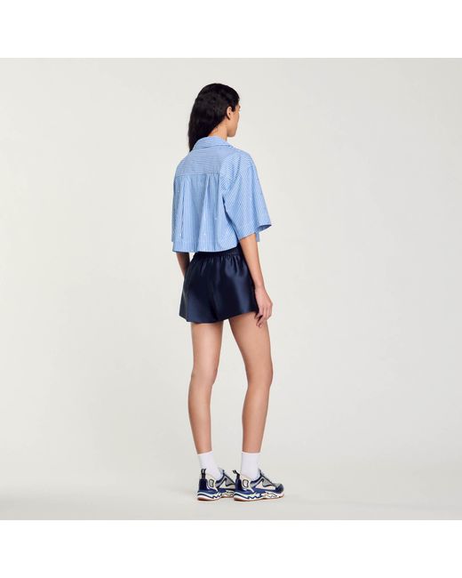 Sandro Blue Short-Sleeved Rhinestone Shirt