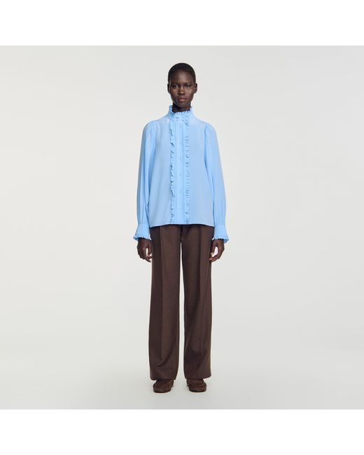 Sandro Blue Silk Shirt With Gathered Collar