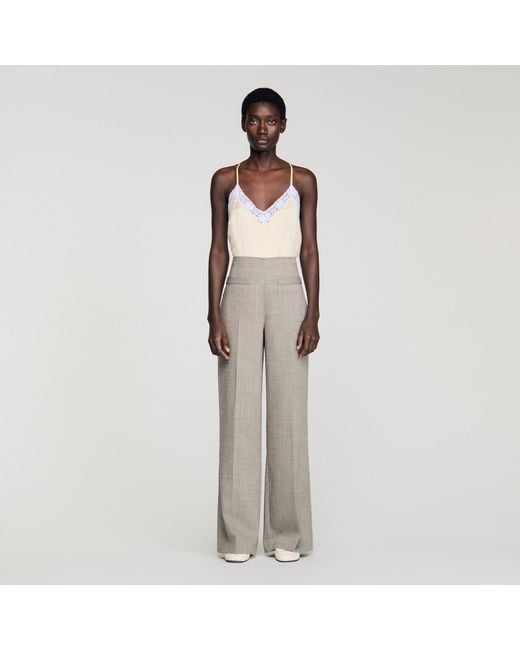 Sandro White Wide-Leg Check Wool Trousers