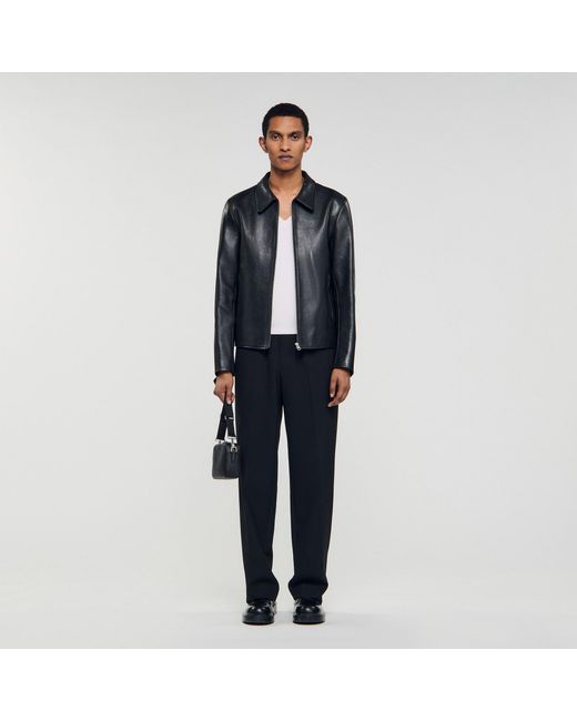 Sandro Blue Zip-Up Leather Jacket for men