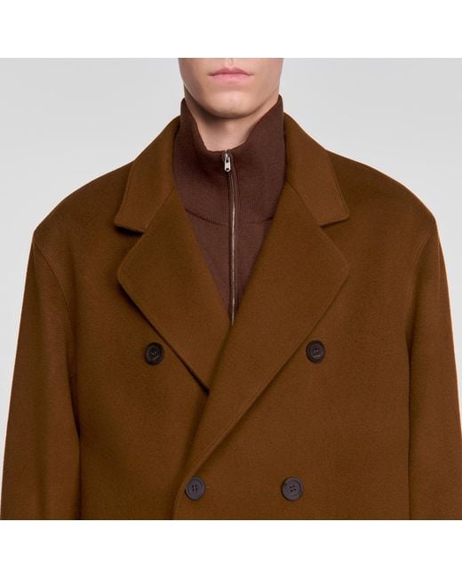 Sandro Brown Double-Breasted Wool-Cashmere Coat for men