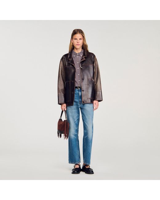 Sandro Blue Oversized Leather Jacket With Studs