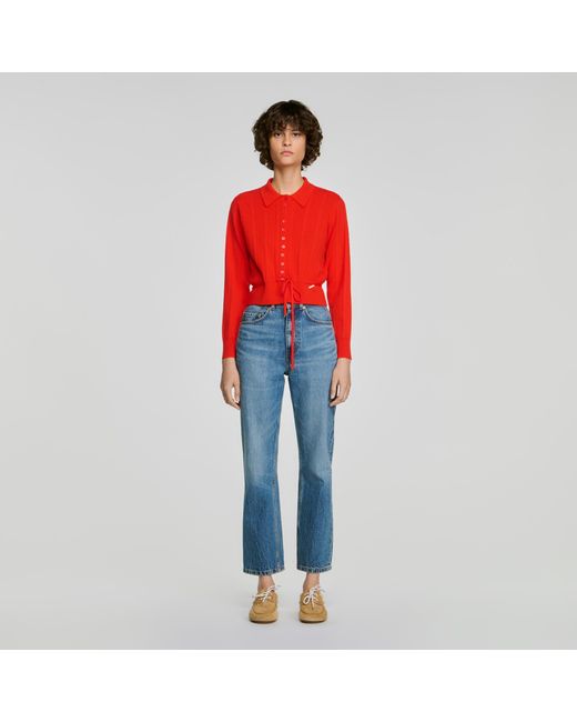 Sandro Red Pointelle Knit Cardigan