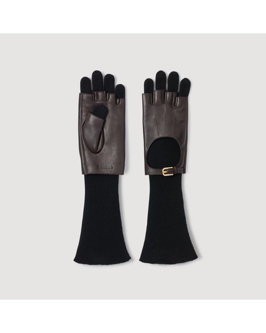 Sandro Black Long Knit And Leather Gloves