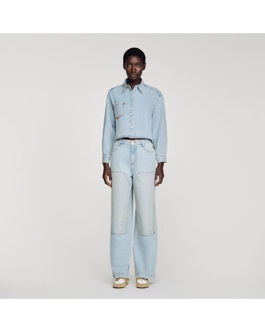 Sandro Blue Rhinestone Cropped Denim Shirt
