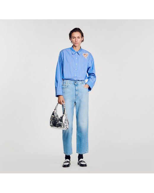 Sandro Blue Stripy Shirt With Rhinestone Heart