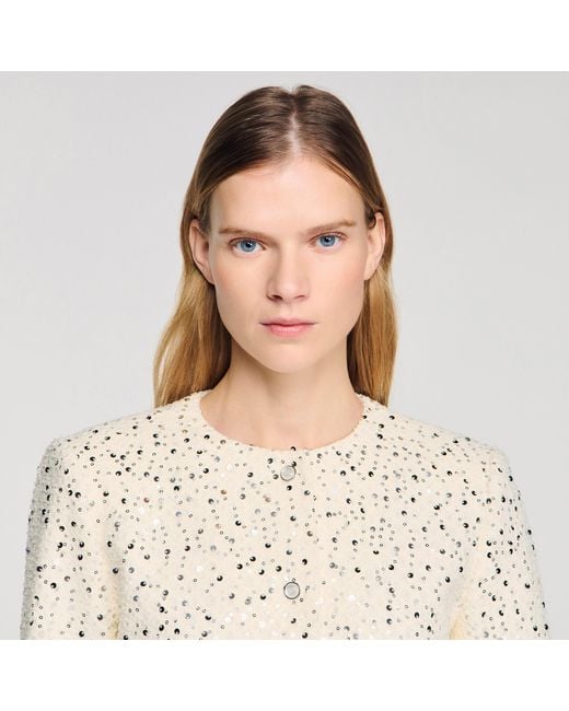 Sandro Blue Cropped Sequinned Cotton Jacket