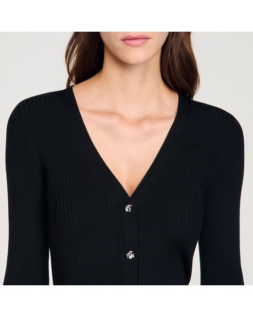Sandro Black Ribbed Cardigan With Fancy Buttons