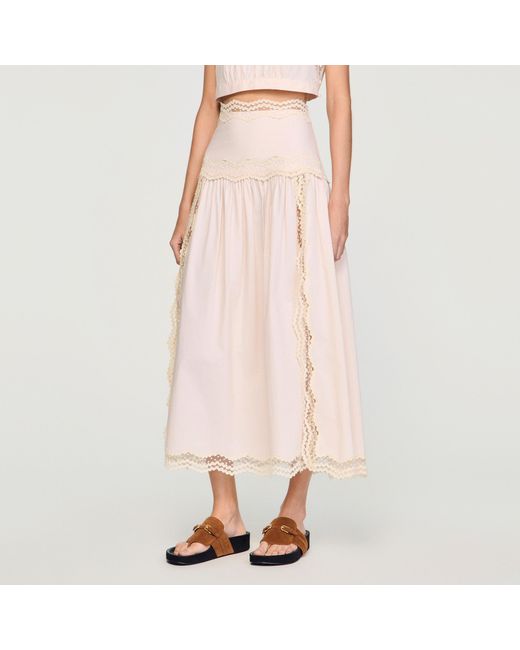 Sandro Pink Long Cotton Skirt With Trim