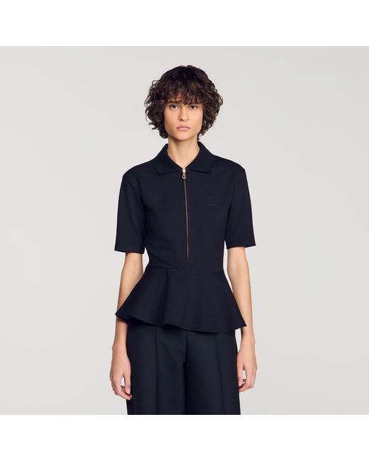Sandro Blue Peplum T-Shirt With Polo Collar
