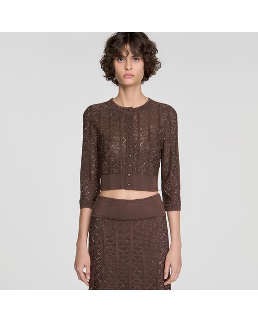 Sandro Brown Cropped Rhinestone Cardigan