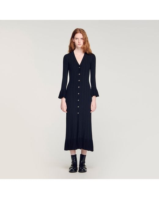 Sandro Blue Knit Maxi Dress With Ruffle