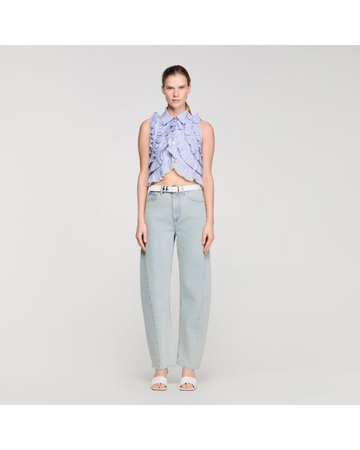 Sandro Blue Striped Ruffled Shirt