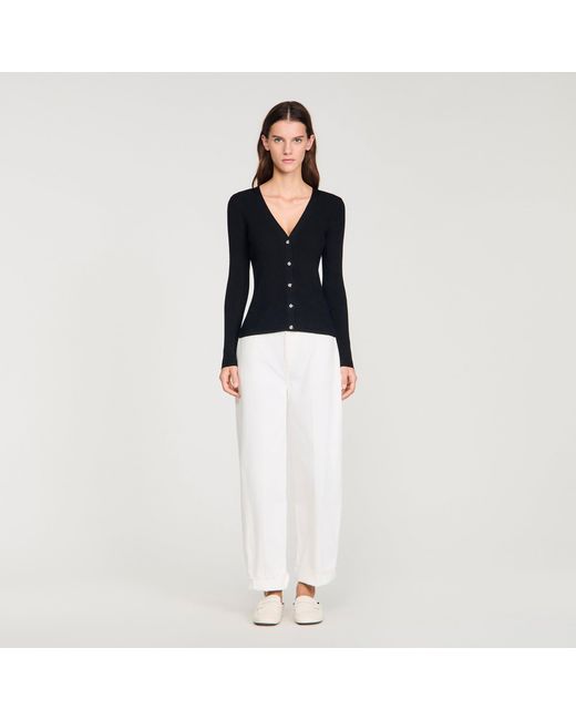 Sandro Black Ribbed Cardigan With Fancy Buttons