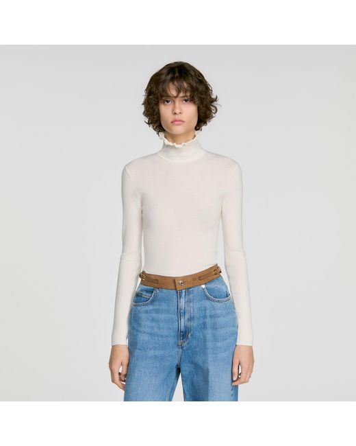 Sandro Blue Ruffled Turtleneck Wool Sweater