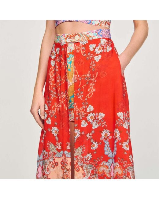 Sandro Red Skirt With Long Illusion Panel