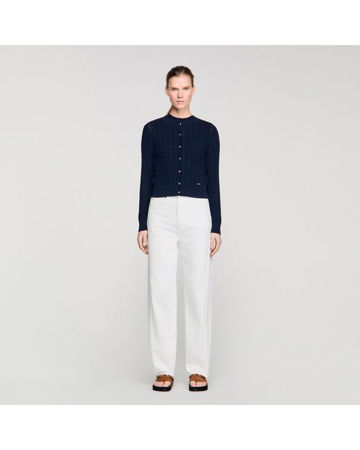 Sandro Blue Cropped Textured Knit Cardigan