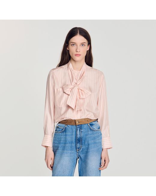 Sandro Blue Striped Tie-Neck Shirt