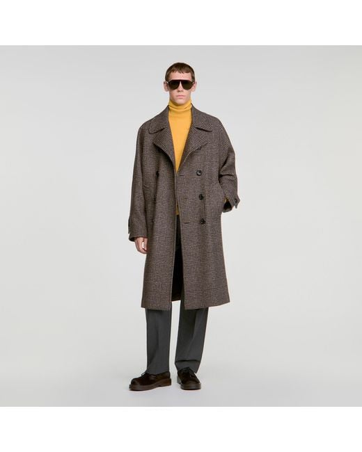 Sandro Brown Check Wool Coat for men
