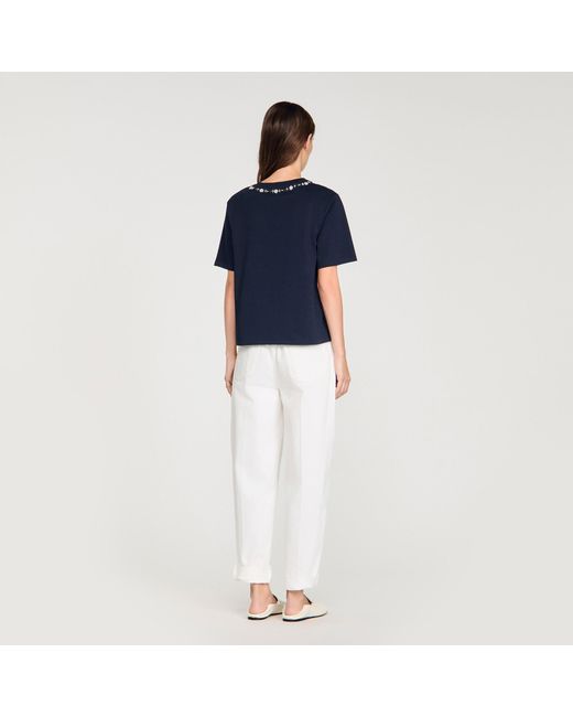 Sandro Blue Rhinestone Openwork T-Shirt